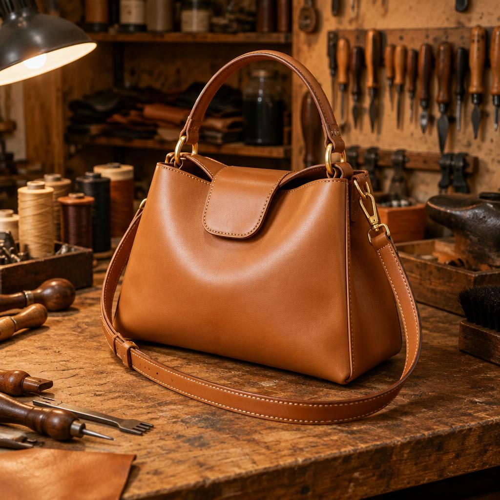 Leather handbag with a restitched strap