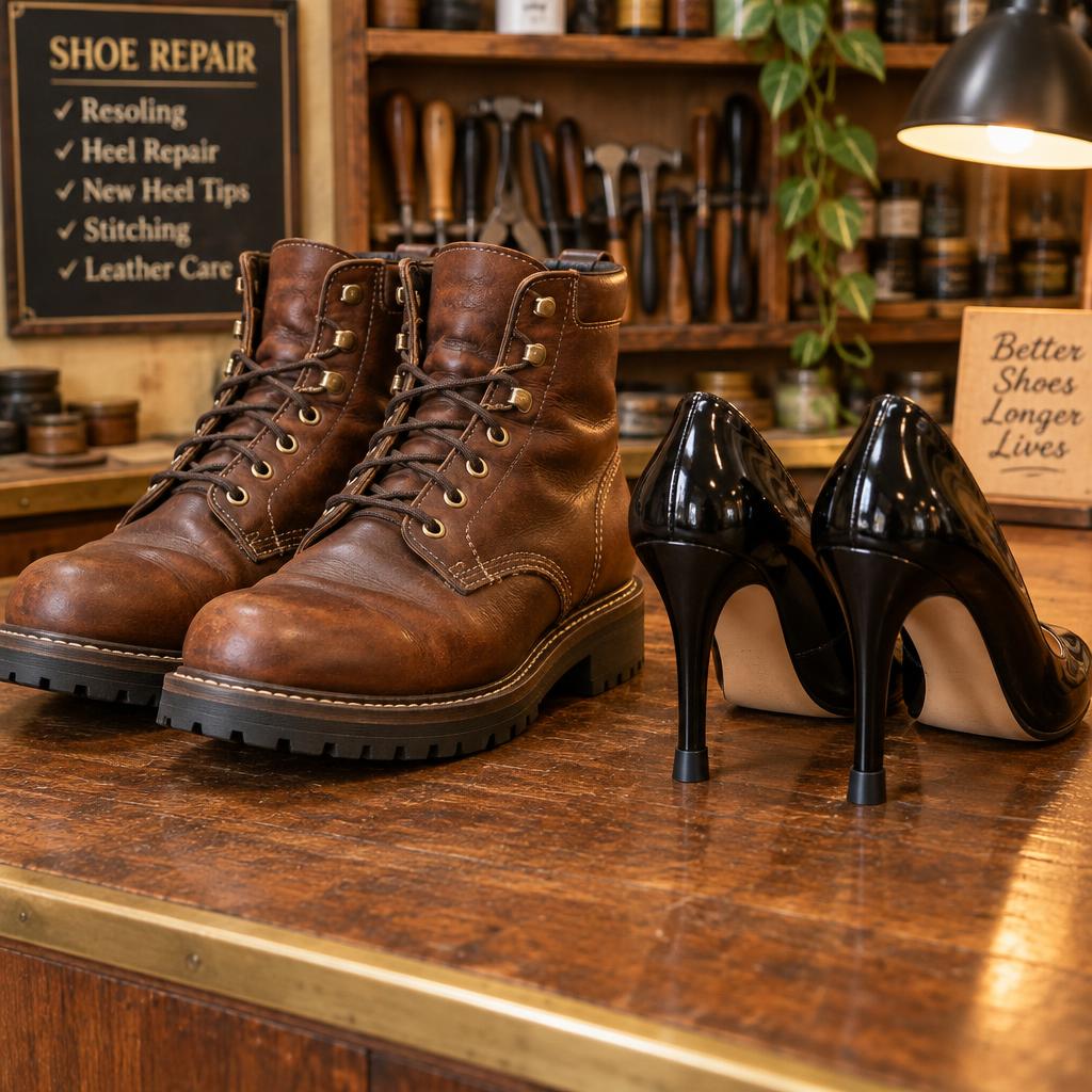 Work boots and heels on a shop counter